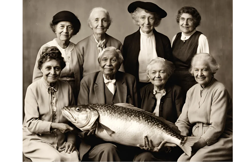 Les seniors tenant un poisson dans leurs mains raconte l'histoire de la boutique