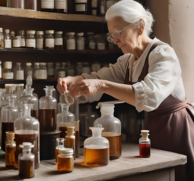 Vue intimiste d’un atelier style apothicaire où un senior prépare une poudre miraculeuse dans une ambiance chaleureuse.